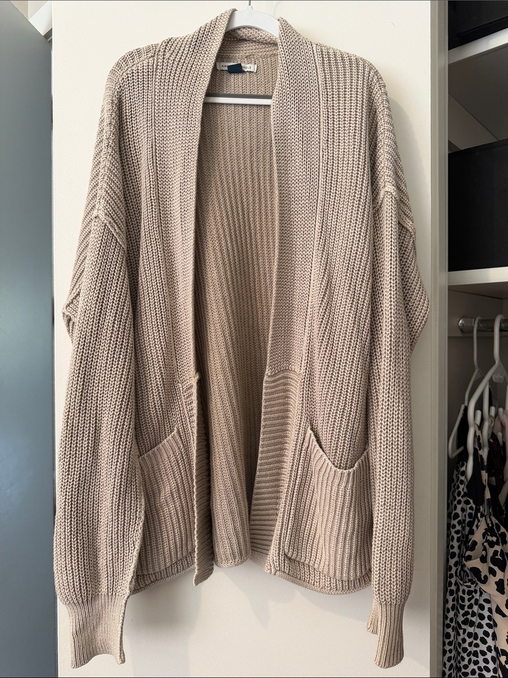 American Eagle Outfitters Beige Open-Front Ribbed Cardigan
